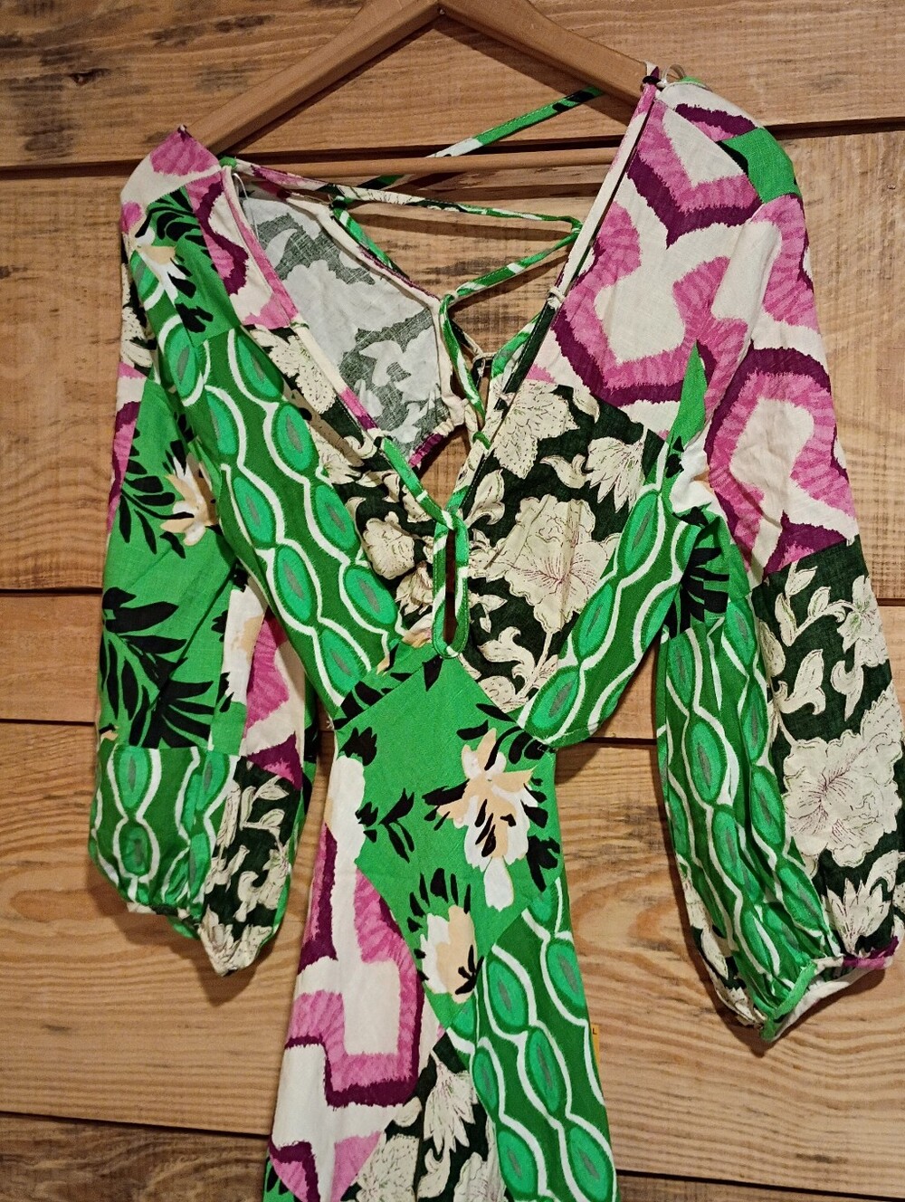 Zara Green Floral & Pink Tropical Linen Maxi Dress Resort Summer Vacation - Picture 7 of 8